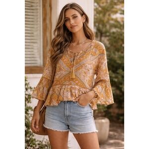 Jaase Mustard Floral Boho Peasant‎ Blouse Rayon Medium